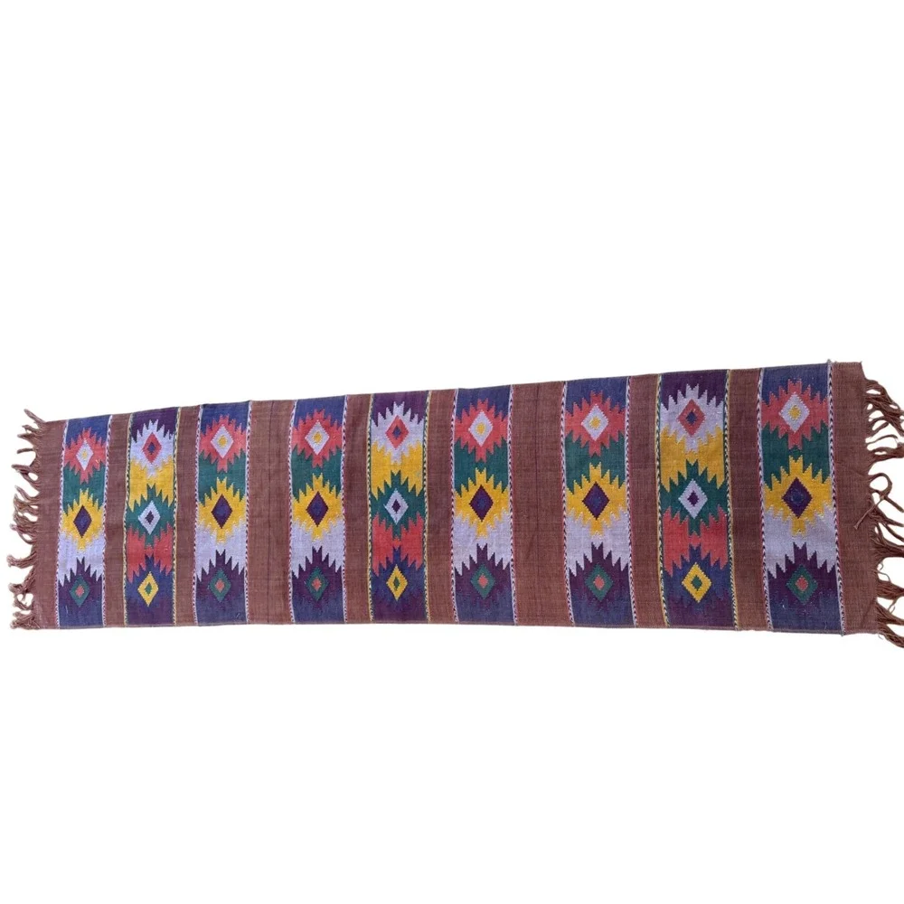 Vintage Southwestern Kilim Table Runner Handwoven Geometric Fringed Textile 57in